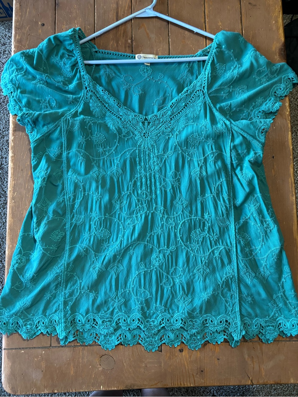Democracy Teal Embroidered Short-Sleeve Top with Intricate Lace Trim